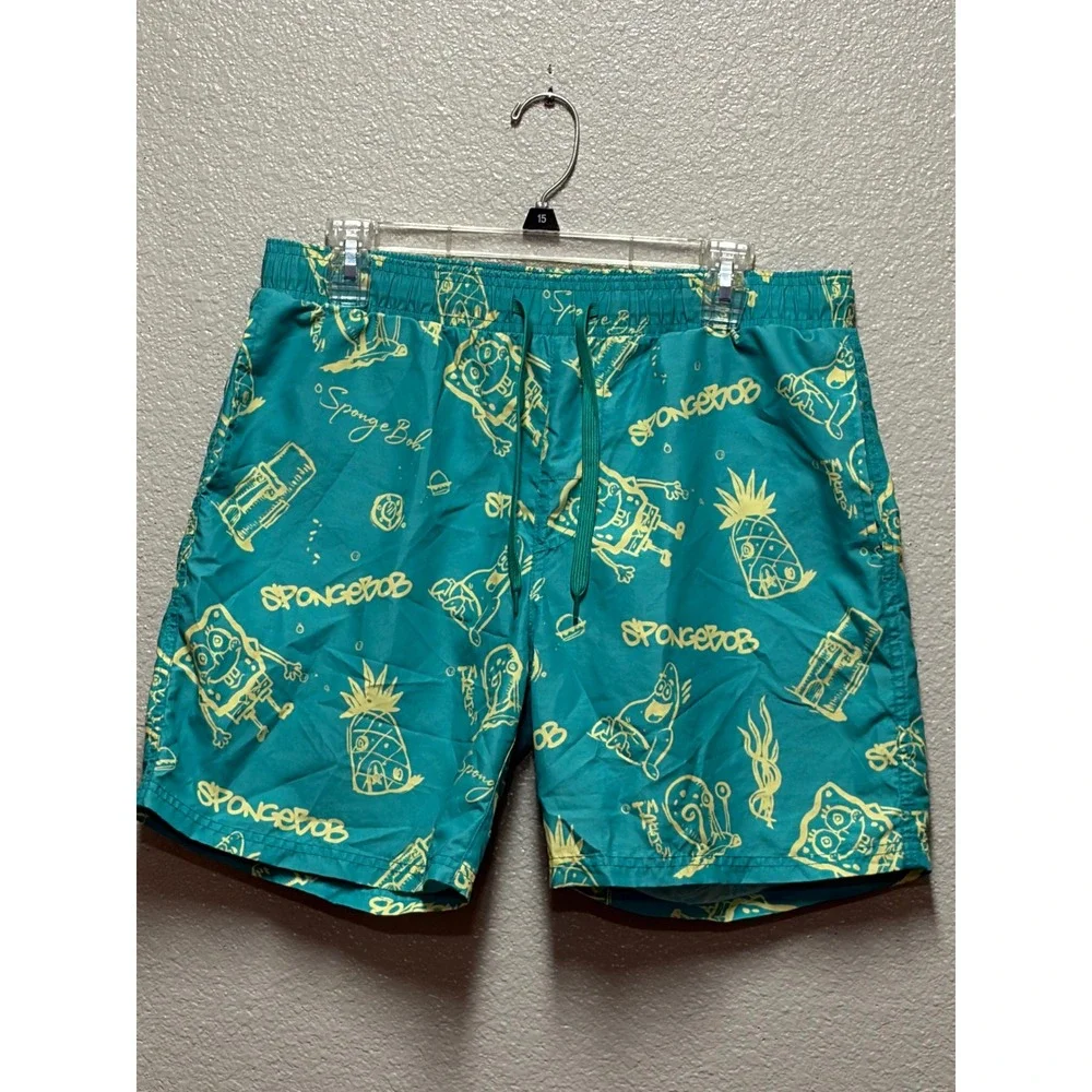 Nickelodeon SpongeBob SquarePants Swim Trunks Mens Large Teal Green Board Shorts